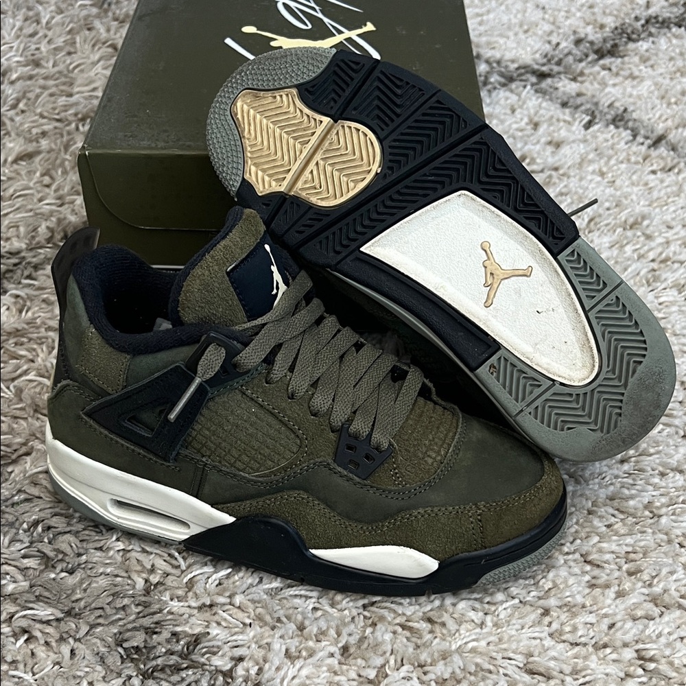 Air Jordan 4 Retro Youth Olive Green and Black Suede Sneakers. Size 5Y.